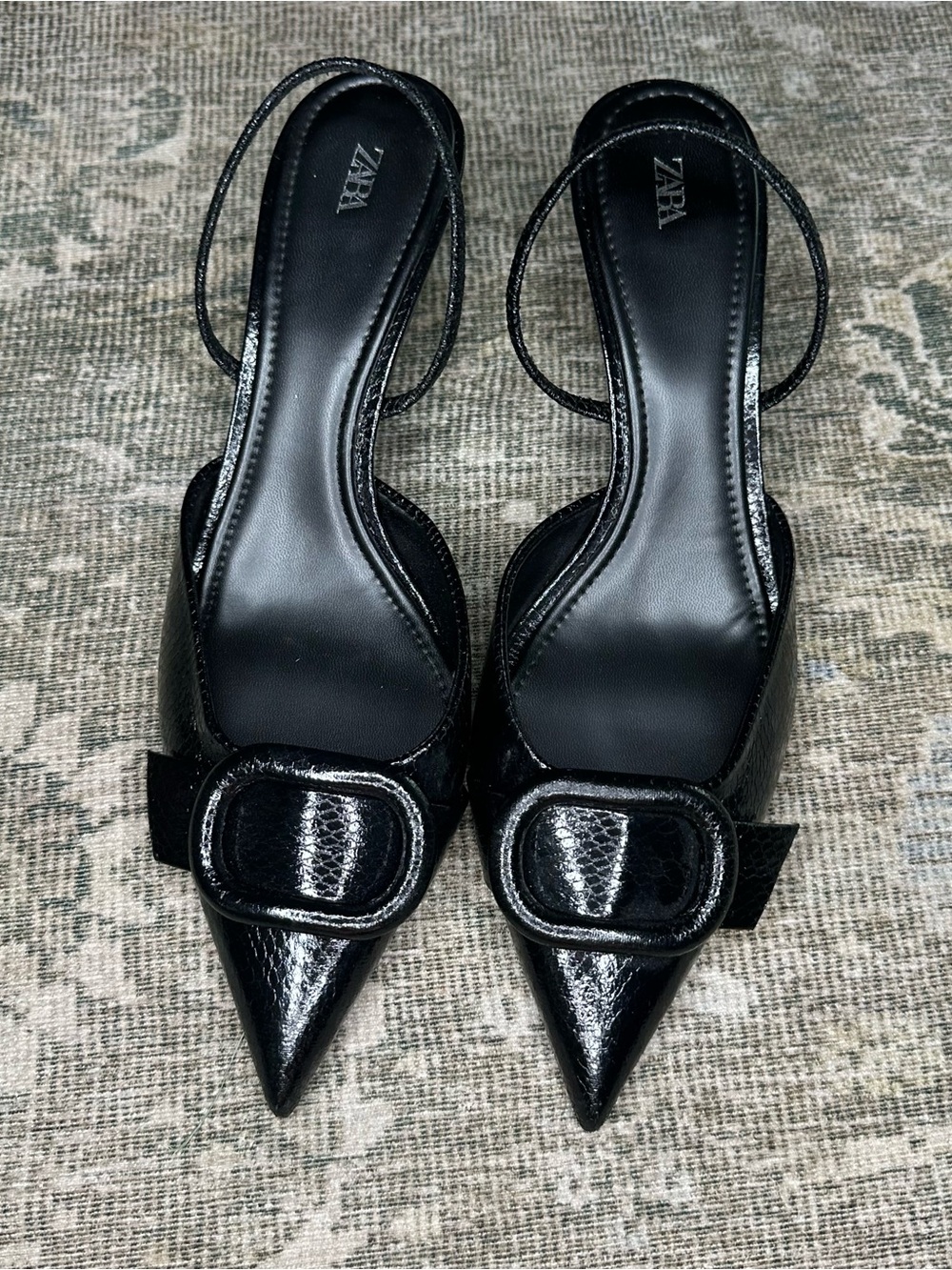 Zara Black Pointed-Toe Slingback Pumps with Decorative Buckle Size 41 EUC